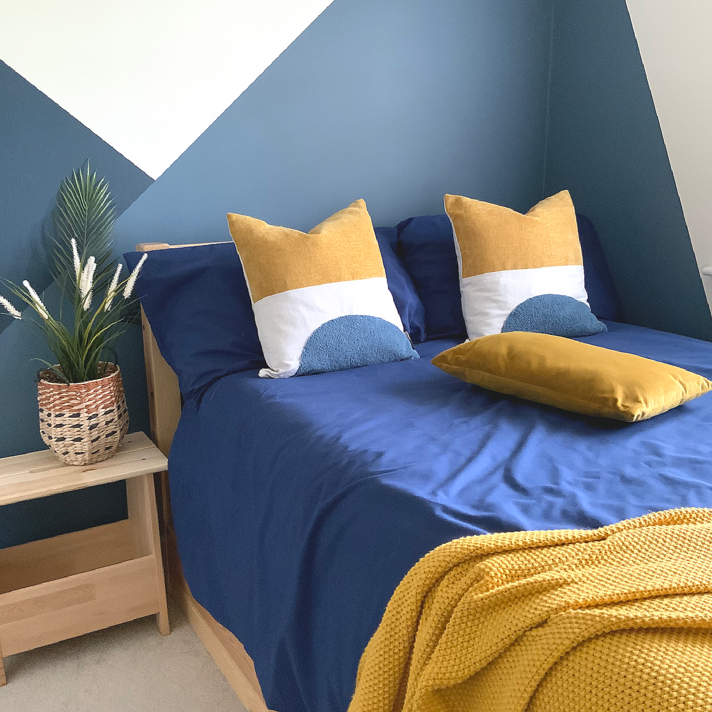 Mustard and blue cushion, velvet, canvas and wool texture finish.