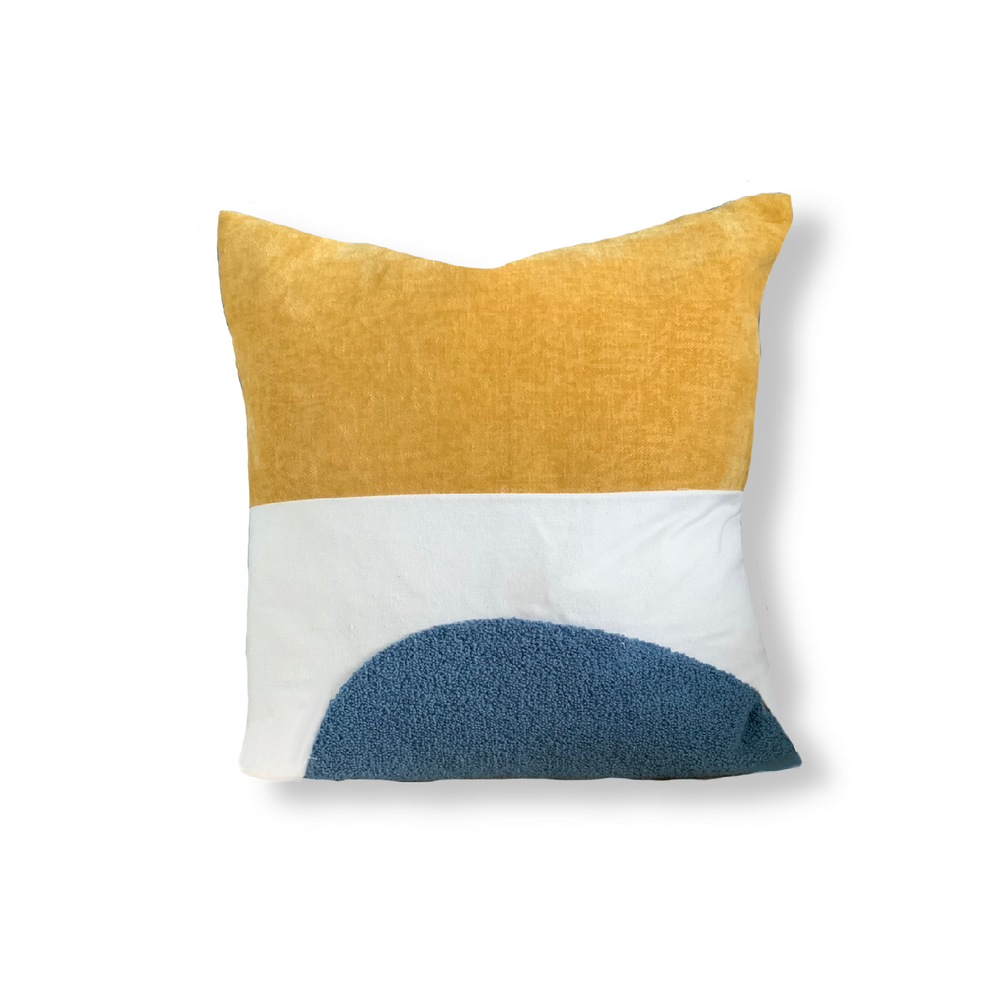 Mustard and blue cushion, velvet, canvas and wool texture finish. The perfect cushions for your sofa or bed.