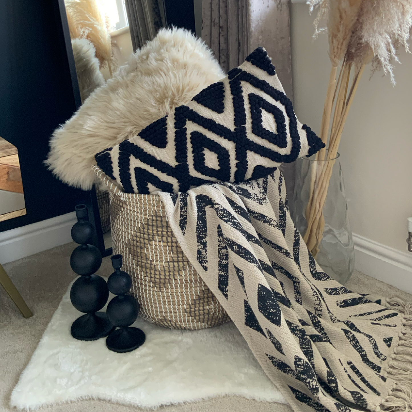 BLACK TUFTED COTTON HAND WOVEN STATEMENT CUSHION, SIZE 30 X 50CM