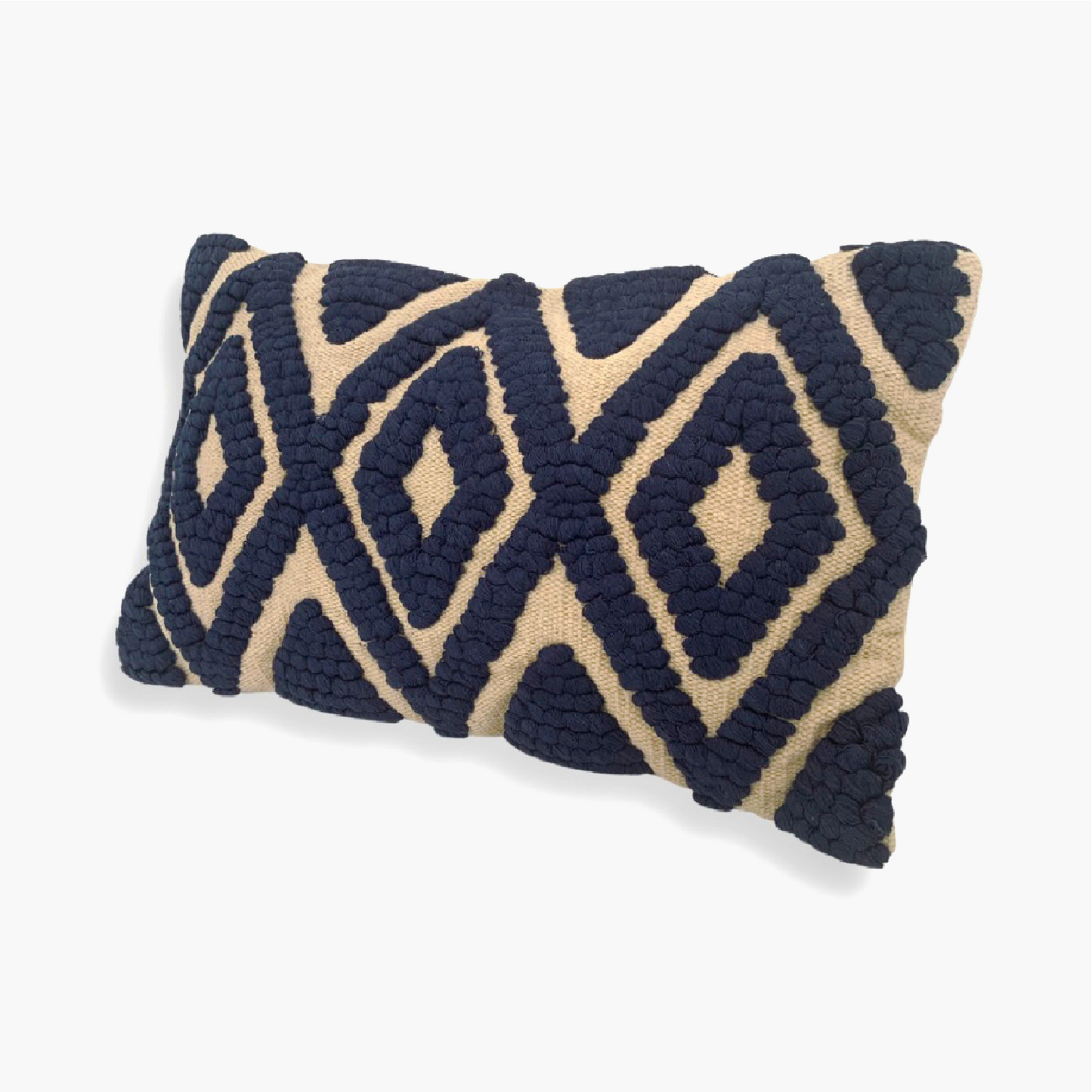 The Navy Blue Kiera cushion is a cotton, hand tufted, woven cushion. Exclusively designed by Cultured Home founder Pratisha. This statement pillow has a striking navy tufted, diamond pattern, against a woven beige background, making it the perfect cushion for your bed or sofa. This is a highly quality, rustic cushion and dry clean only. All cushions are handmade and can vary slightly in pattern and size from the images shown. Available as cushion cover only or filled cushion.