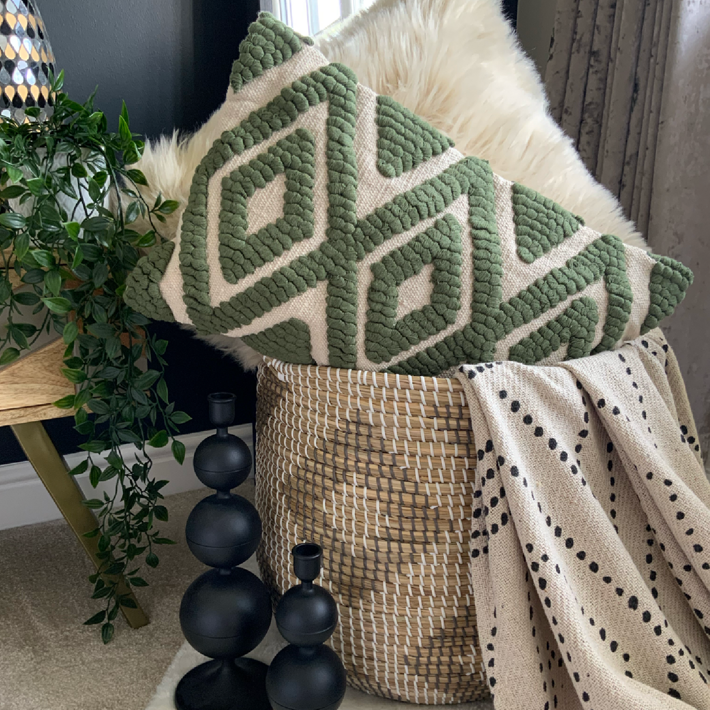 The Olive Green Kiera cushion is a cotton, hand tufted, woven cushion. Exclusively designed by Cultured Home founder Pratisha. This statement pillow has a striking olive green tufted, diamond pattern, against a woven beige background, making it the perfect accessory to add a little flair to any bed, sofa or space. This is a highly quality, rustic cushion and dry clean only. All cushions are handmade and can vary slightly in pattern and size from the images shown. This cushion is size 30 x 50cm.