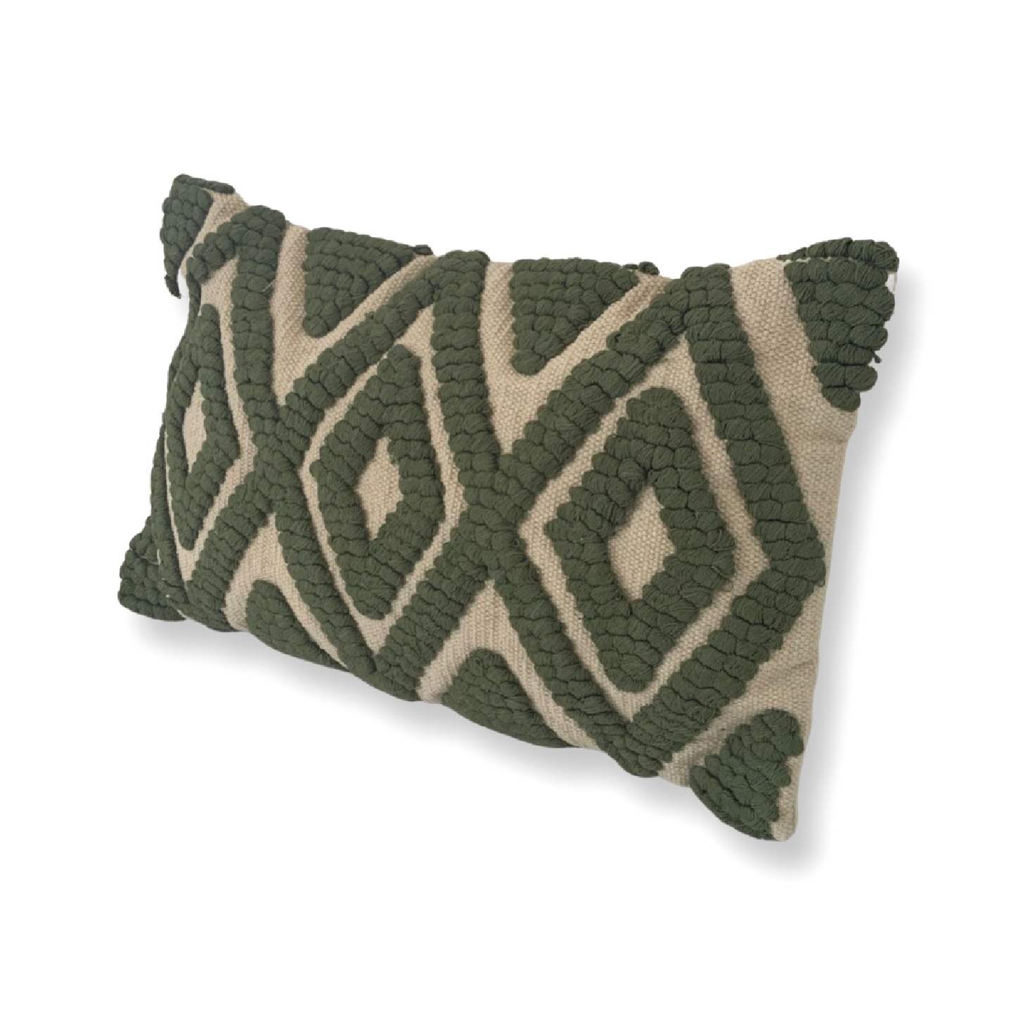 The Olive Green Kiera cushion is a cotton, hand tufted, woven cushion. Exclusively designed by Cultured Home founder Pratisha. This statement pillow has a striking olive green tufted, diamond pattern, against a woven beige background, making it the perfect accessory to add a little flair to any bed, sofa or space. This is a highly quality, rustic cushion and dry clean only. All cushions are handmade and can vary slightly in pattern and size from the images shown. This cushion is size 30 x 50cm.