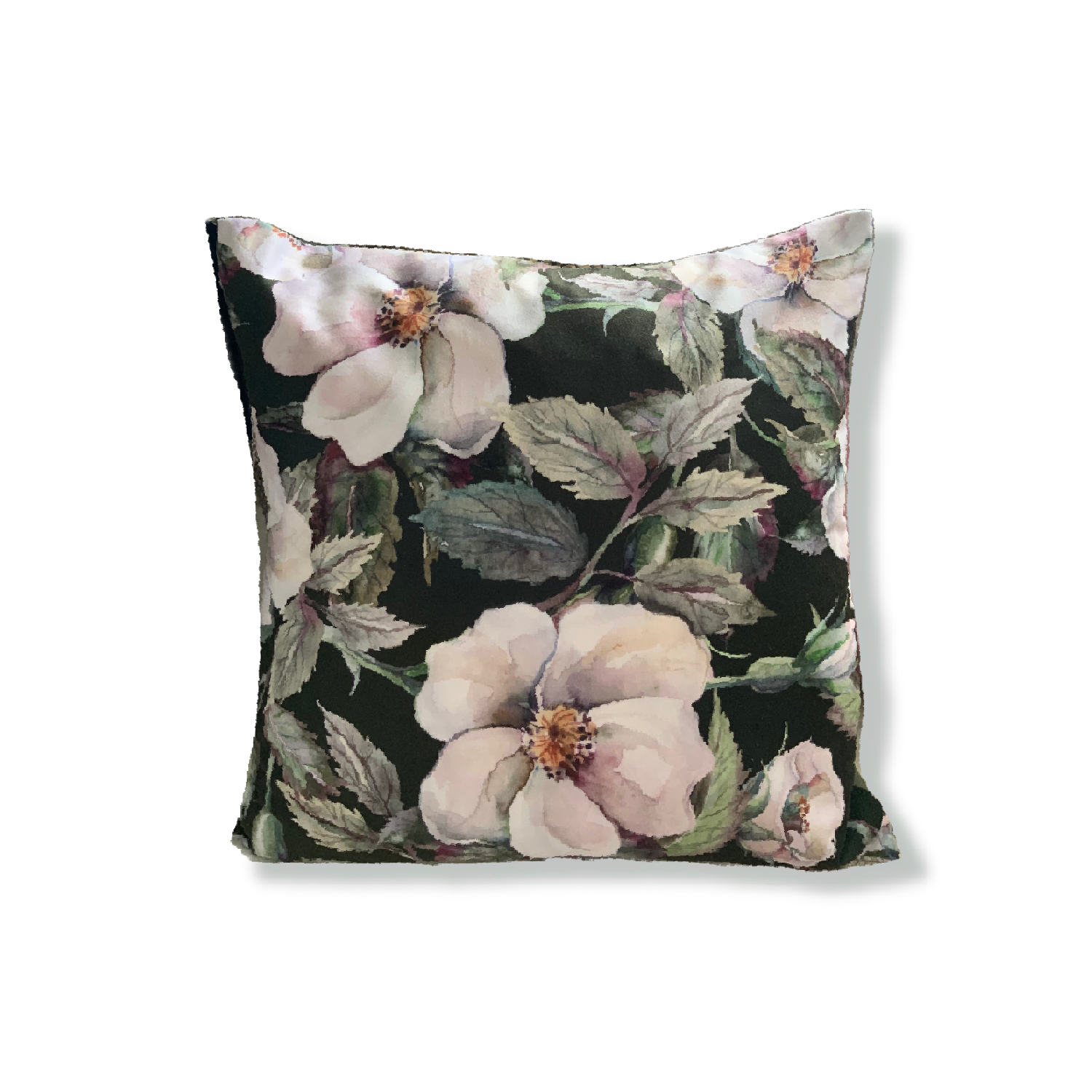 Black velvet cushion, floral pattern cushion, green cushion, polyester filled, leaves pattern cushion, white flower cushion