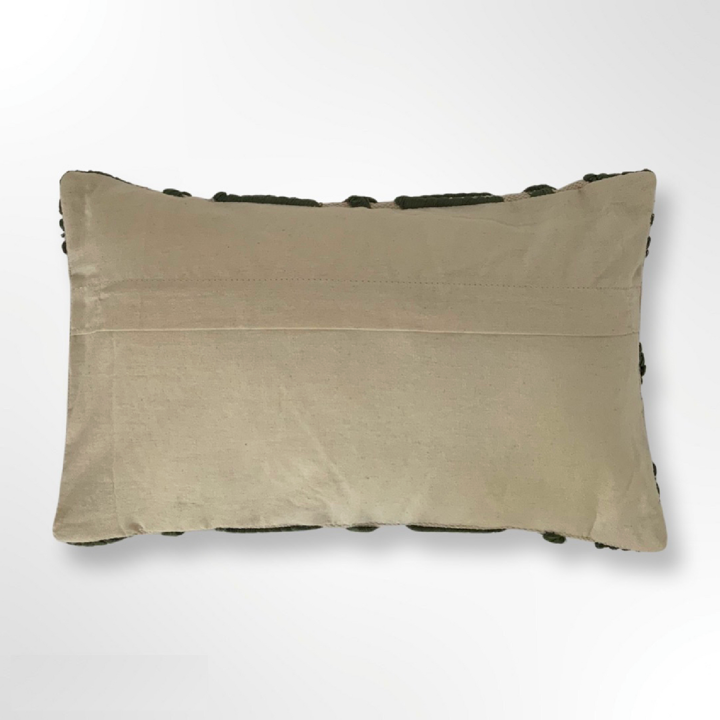 The Olive Green Kiera cushion is a cotton, hand tufted, woven cushion. Exclusively designed by Cultured Home founder Pratisha. This statement pillow has a striking olive green tufted, diamond pattern, against a woven beige background, making it the perfect accessory to add a little flair to any bed, sofa or space. This is a highly quality, rustic cushion and dry clean only.  All cushions are handmade and can vary slightly in pattern and size from the images shown.   This cushion is size 30 x 50cm.