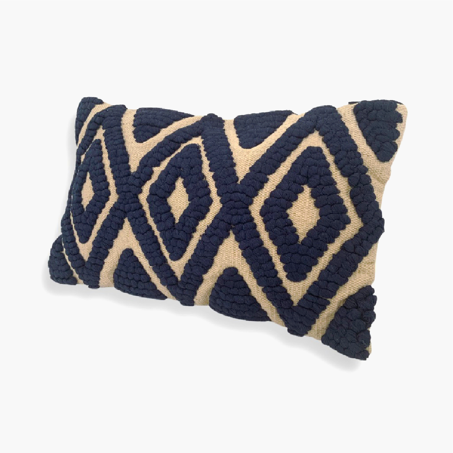 The Navy Blue Kiera cushion is a cotton, hand tufted, woven cushion. Exclusively designed by Cultured Home founder Pratisha. This statement pillow has a striking navy tufted, diamond pattern, against a woven beige background, making it the perfect cushion for your bed or sofa. This is a highly quality, rustic cushion and dry clean only.  All cushions are handmade and can vary slightly in pattern and size from the images shown. Available as cushion cover only or filled cushion.