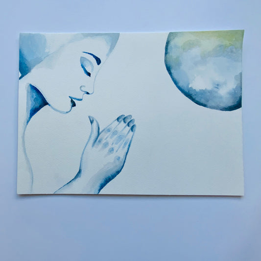 Moon & Praying Hand Painted Original Art