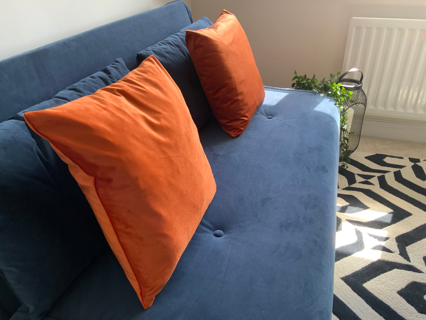 Cushions, This vibrant Rust/deep orange velvet cushion adds a touch of colour to any room. The pillow can be displayed as a stand alone cushion or combined with other cushion  in our range such as ‘Cream Faux Fur’ cushion or the ‘Tufted Geo Pattern’ cushion. Please note, colour can vary slightly from image dependent on lighting.   The pillow is 45cm x 45cm, with a hidden zipper design. Our wash recommended action is dry clean only. 