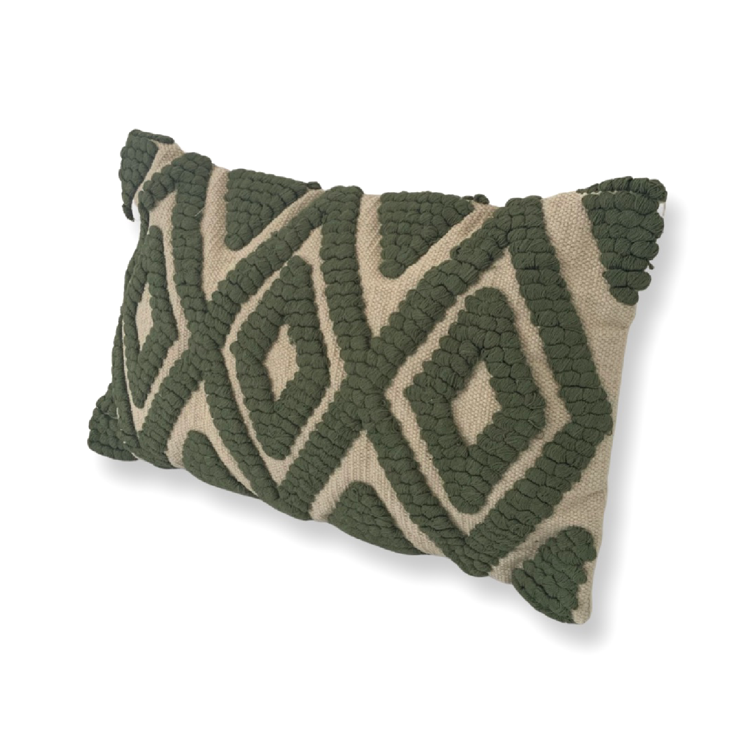 The Olive Green Kiera cushion is a cotton, hand tufted, woven cushion. Exclusively designed by Cultured Home founder Pratisha. This statement pillow has a striking olive green tufted, diamond pattern, against a woven beige background, making it the perfect accessory to add a little flair to any bed, sofa or space. This is a highly quality, rustic cushion and dry clean only.  All cushions are handmade and can vary slightly in pattern and size from the images shown.   This cushion is size 30 x 50cm.